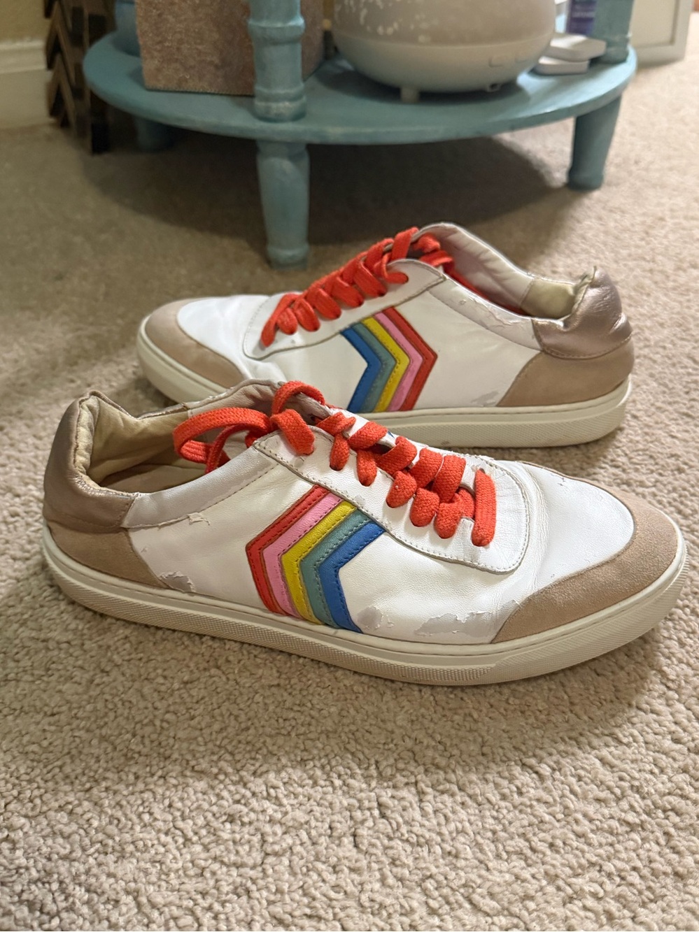 Boden Helen Chevron Trainers white leather colorful rainbow stripe 🌈 7.5